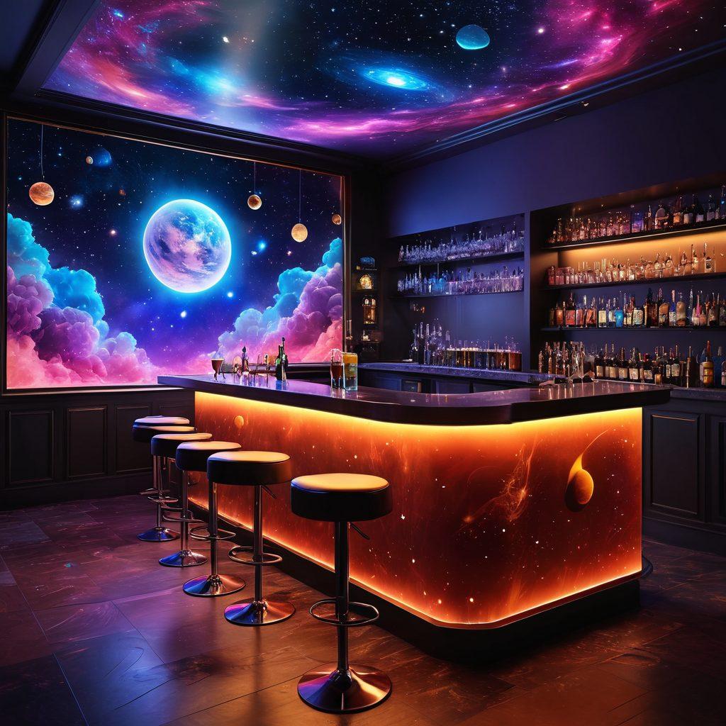 A celestial-themed bar with shimmering stars and planets as decor, showcasing an array of unique, glowing cocktails and beverages. Vibrant, swirling colors in the drinks to represent cosmic flavors. An ethereal bartender serving drinks against a cosmic backdrop of galaxies and nebulae. Soft, ambient lighting that enhances the mystical atmosphere. super-realistic. vibrant colors. 3D.