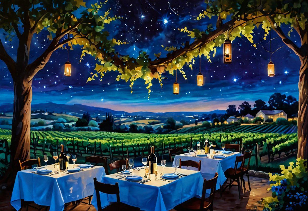 A serene vineyard illuminated by twinkling stars in a deep blue sky, with a table set for a wine tasting featuring elegant glasses and a variety of wines, surrounded by lush grapevines. Soft, glowing lanterns hang from trees, reflecting the warm ambiance of a starlit evening. Include constellations subtly forming wine-related symbols in the sky. painting. vibrant colors. night scene.