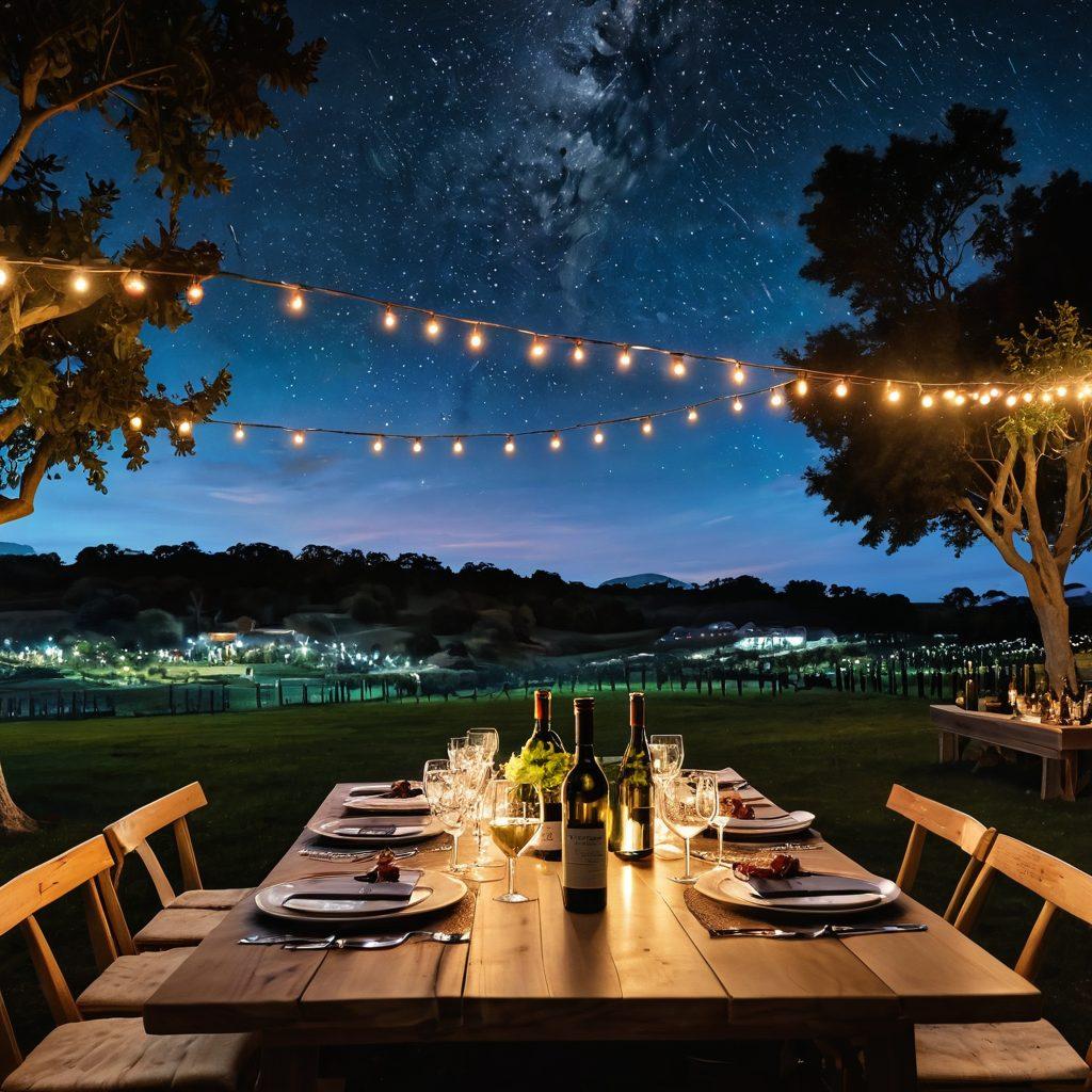 A beautiful, starry night sky filled with twinkling stars and constellations, set above a tranquil vineyard. In the foreground, a long wooden table with an array of colorful wine bottles, glasses, and charcuterie boards, illuminated by soft, warm fairy lights. The wine bottles should feature various labels highlighting different varietals. Add a soft glow from the moon enhancing the romantic atmosphere. painting. vibrant colors. soft focus.